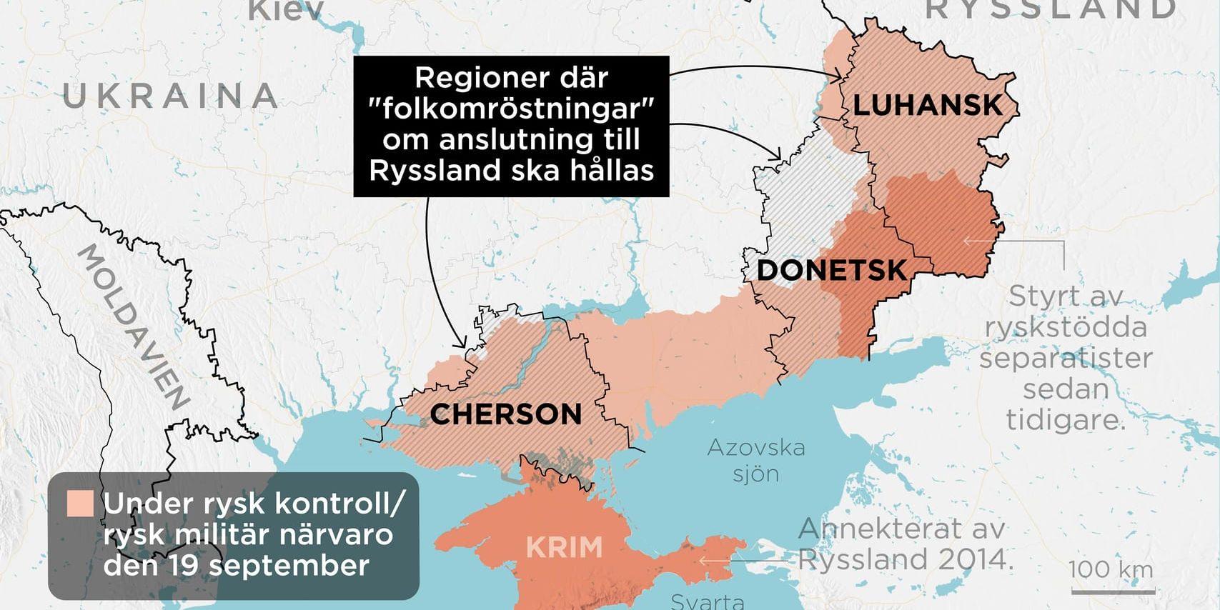 Kartan visar regionerna Luhansk, Donetsk och Cherson i Ukraina, där ockupationsmakten ska hålla ”folkomröstningar” inom kort.