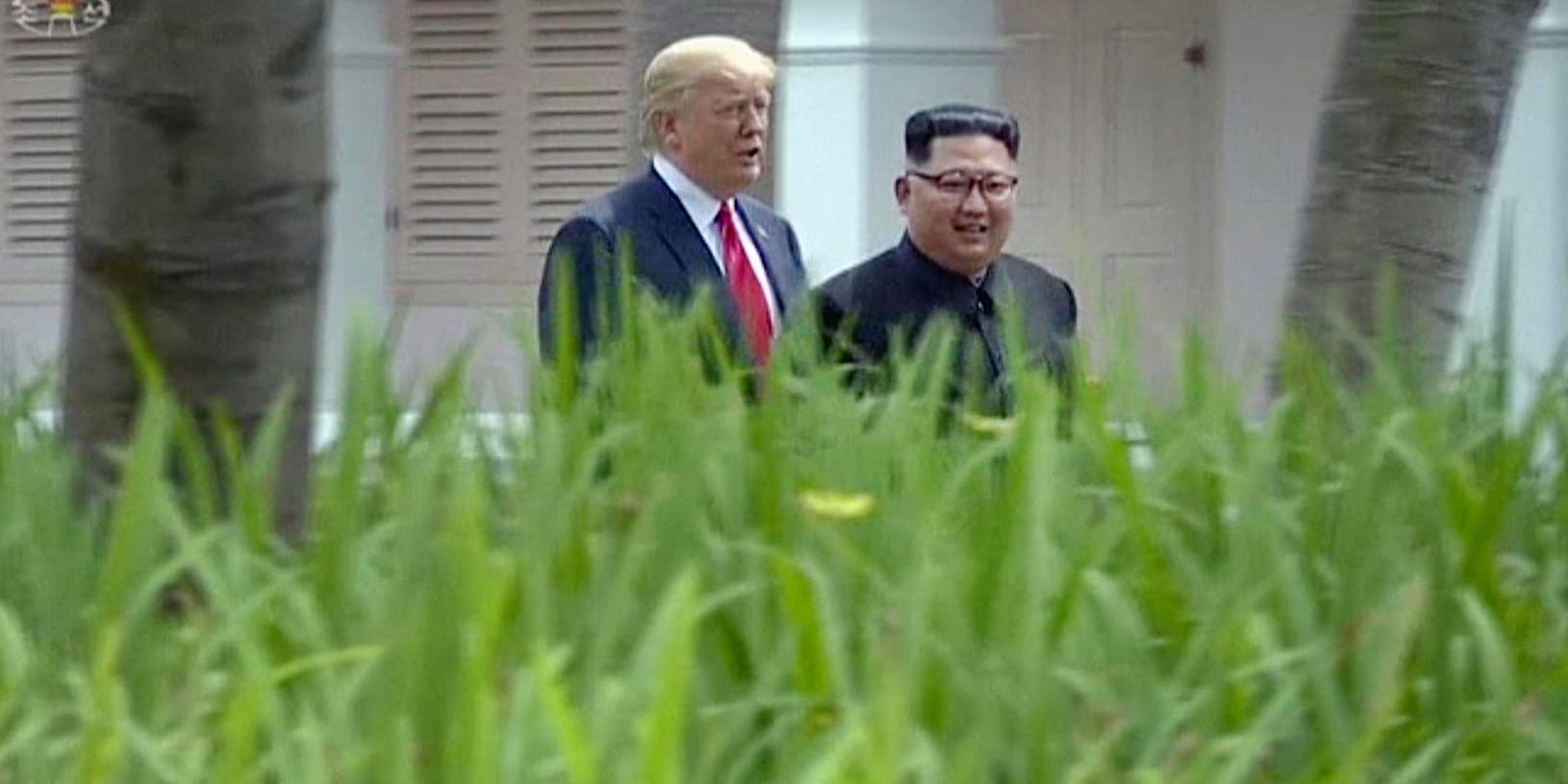 Nordkoreas ledare Kim Jong-Un och USA:s president Donald Trump under toppmötet i Singapore i juni förra året. Arkivbild.