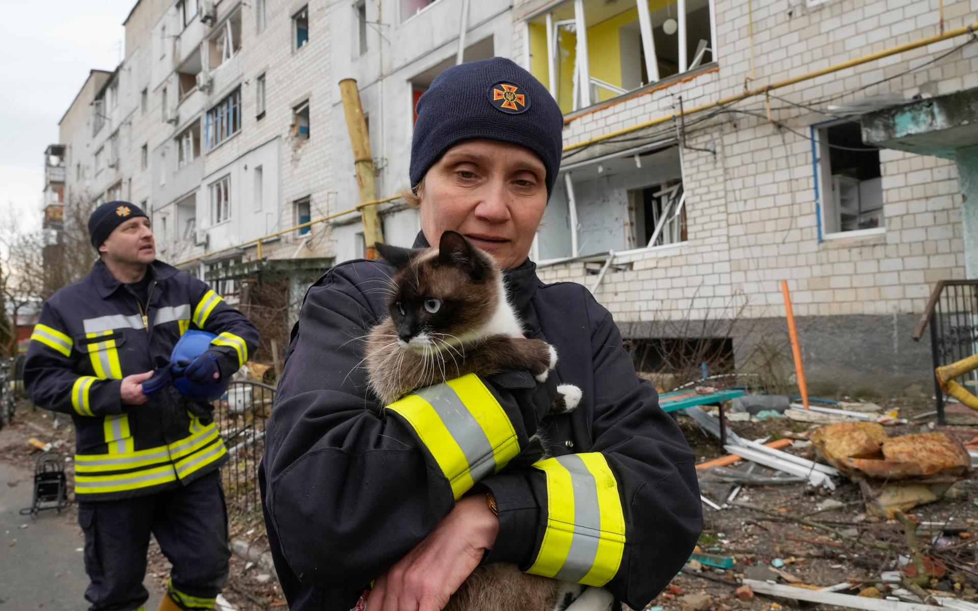 An emergency worker holds a rescued cat in Borodyanka, Ukraine, Wednesday, Apr. 6, 2022. Ukrainian authorities are poring over the grisly aftermath of alleged Russian atrocities around Kyiv, as both sides prepare for an all-out push by Moscow&apos;s forces to seize Ukraine’s industrial east. (AP Photo/Efrem Lukatsky)  XEL109